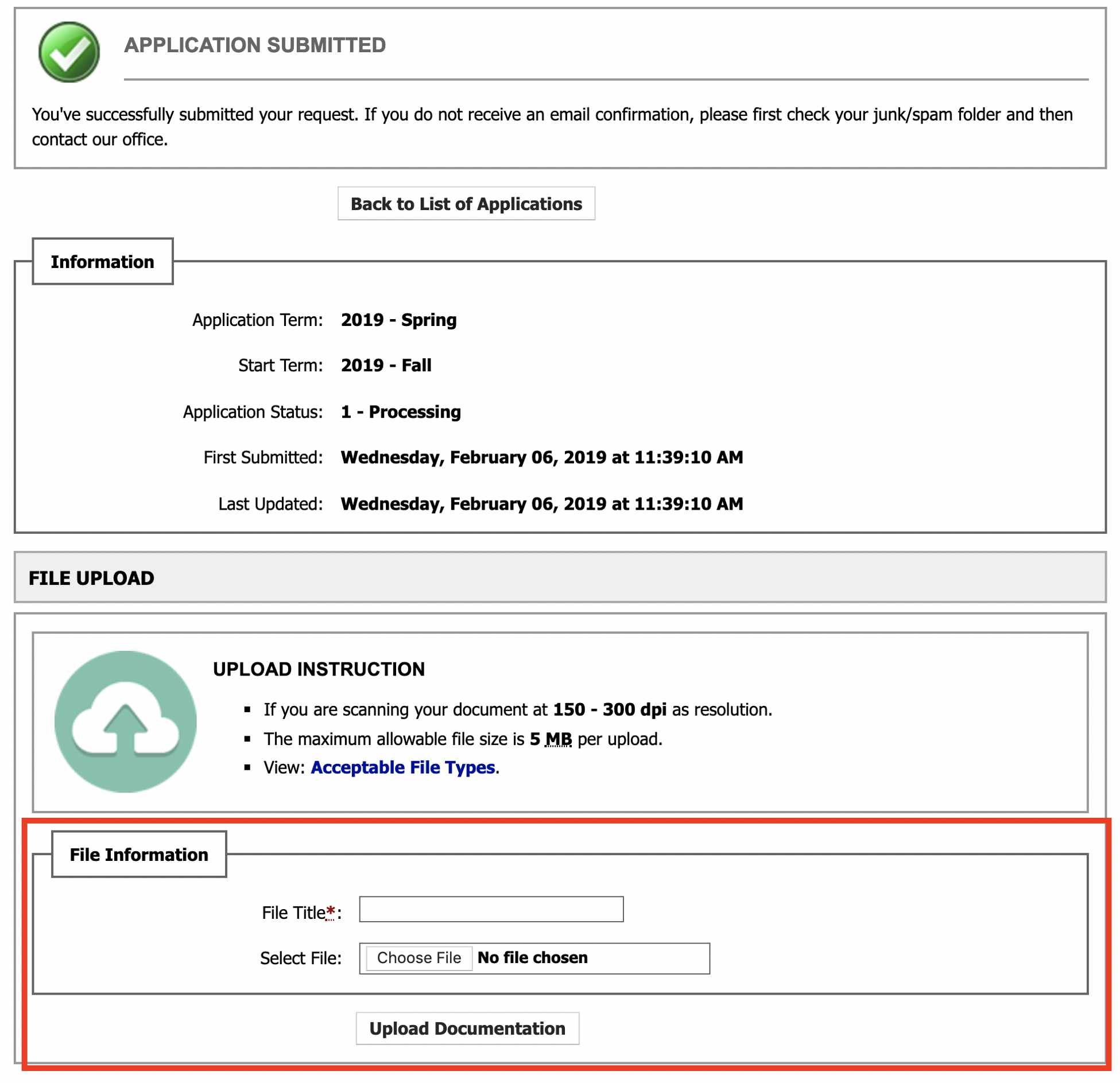 Screenshot of DR Student Portal Additional Documentation confirmation page