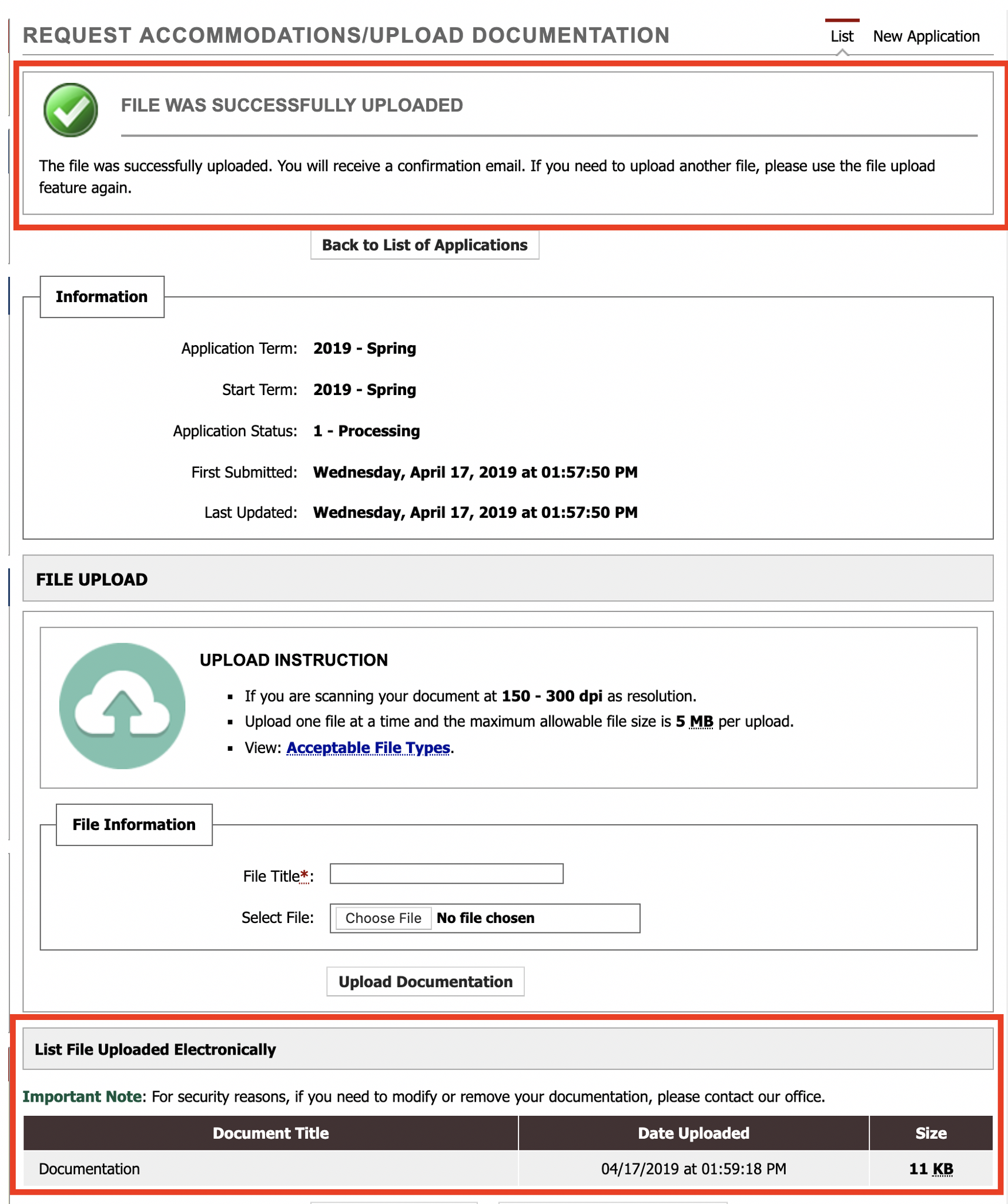 Screenshot of DR Student Portal Documentation Upload Confirmation screen