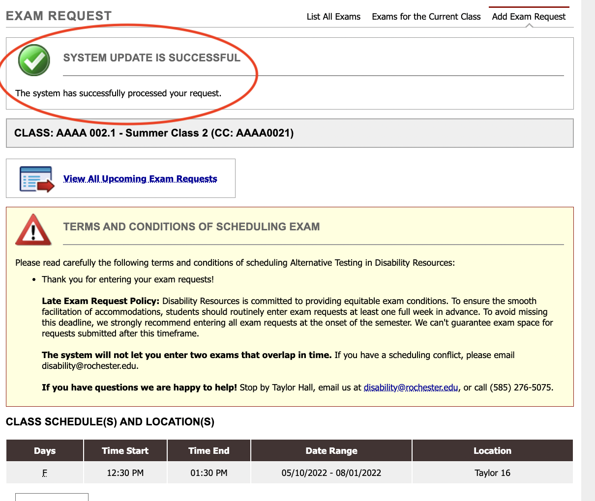 A screenshot of a successfully completed exam request
