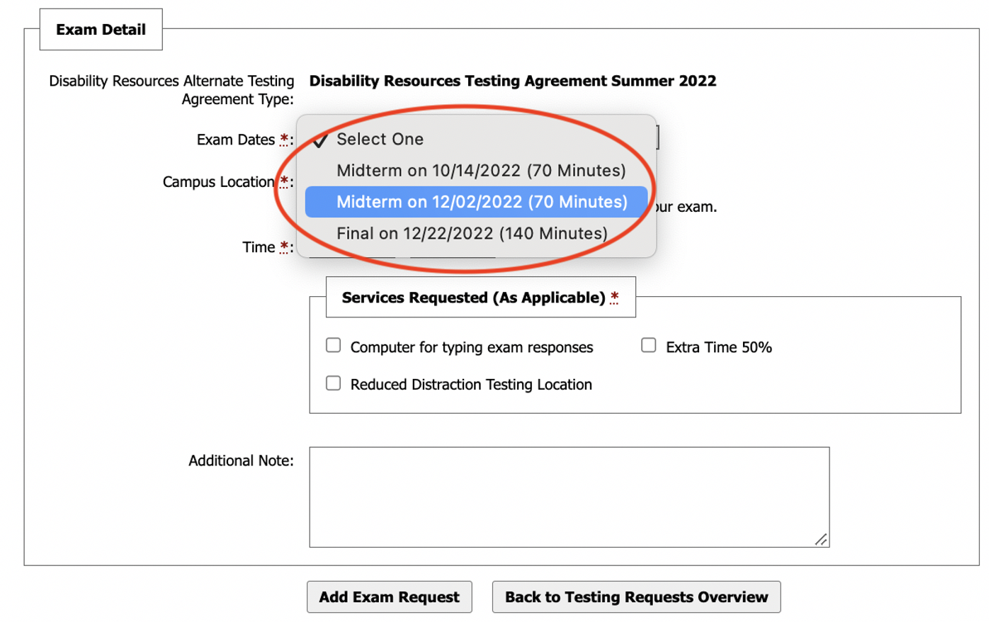 A screenshot of the exam date menu item