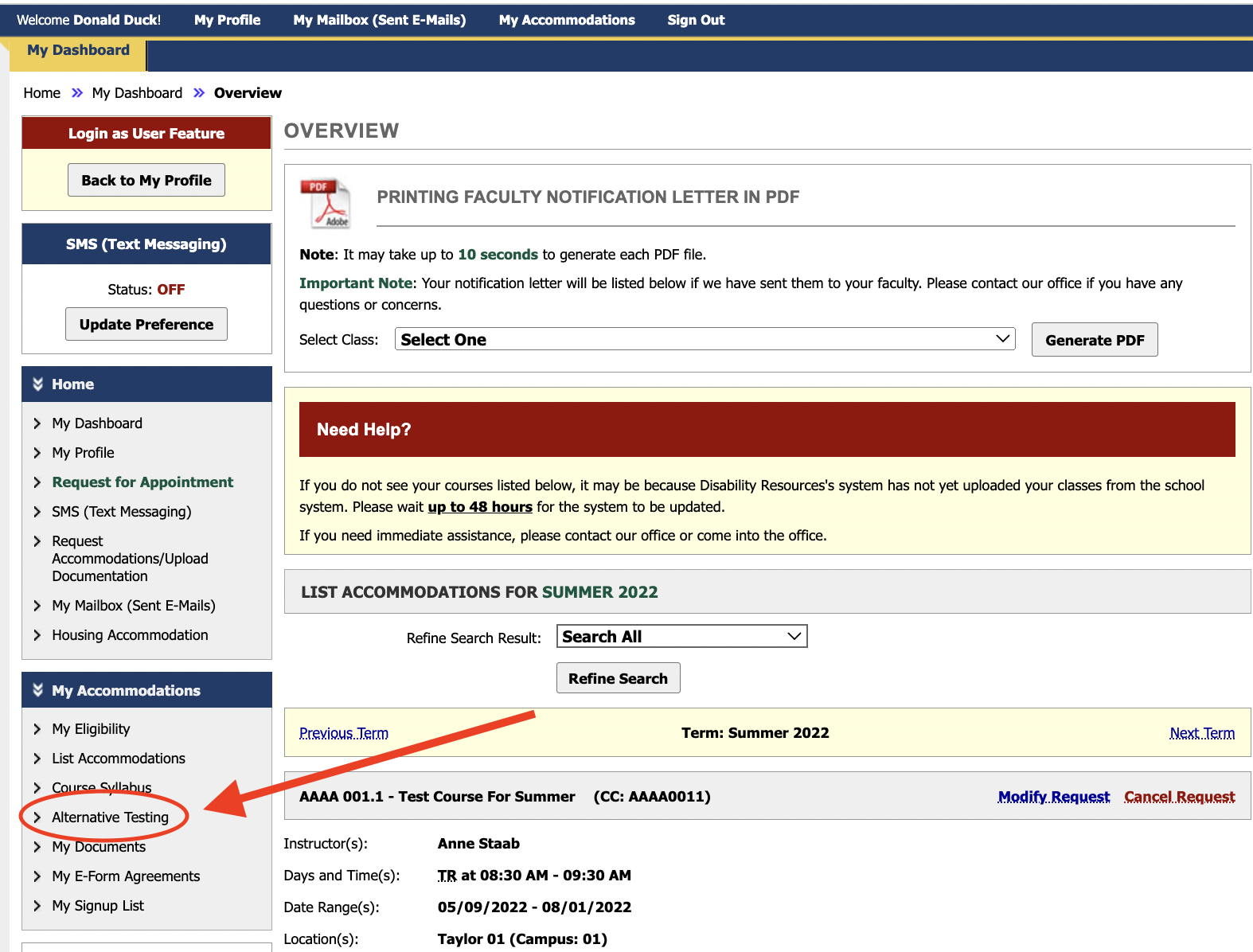 A screenshot of the Alternative Testing menu item
