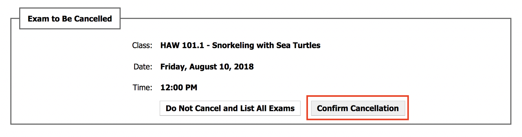 Screenshot of DR Student Portal Confirm Exam Cancellation button