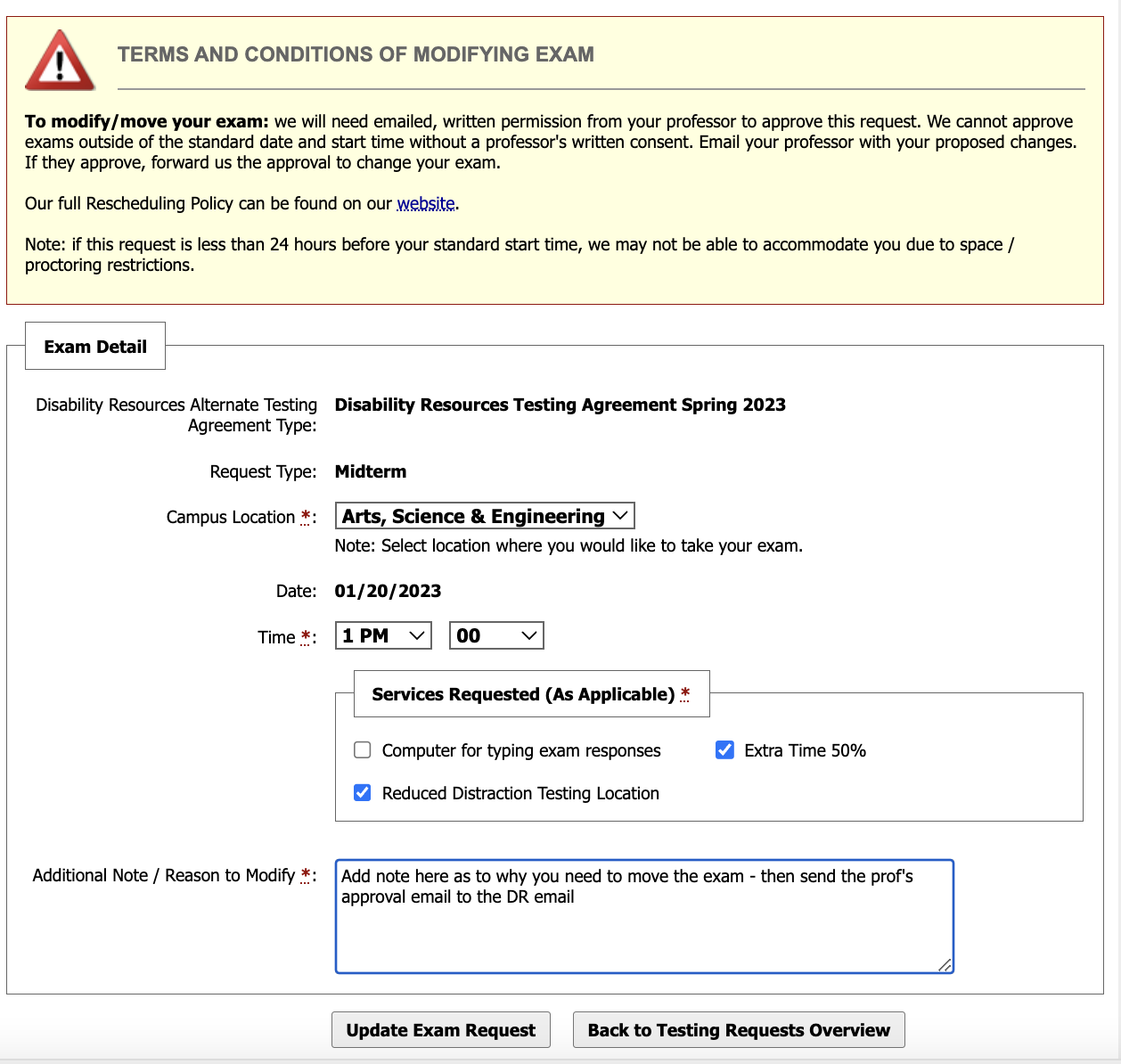 Screenshot of Exam Detail form