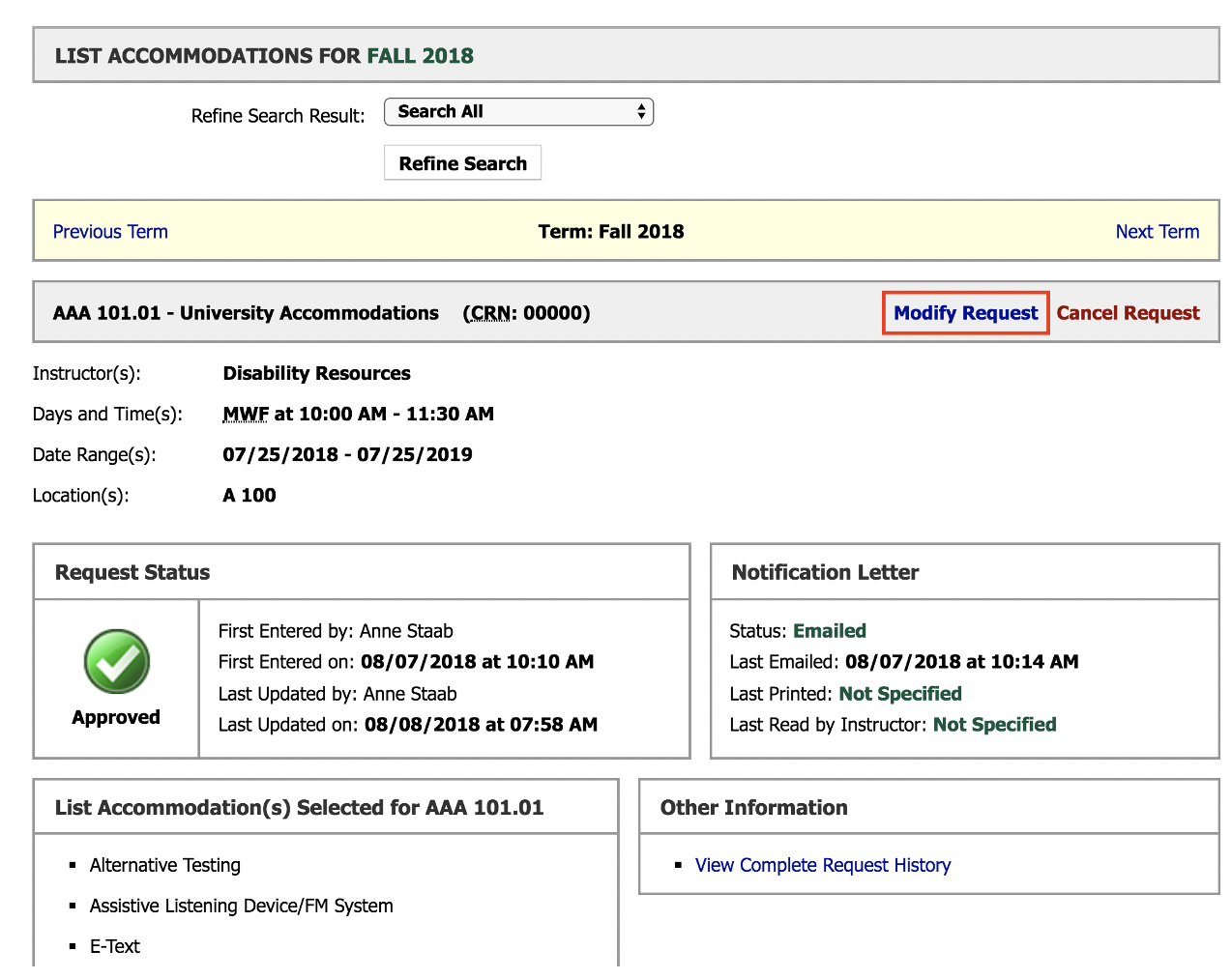 Screenshot of DR Student Portal Modify Accommodations request screen