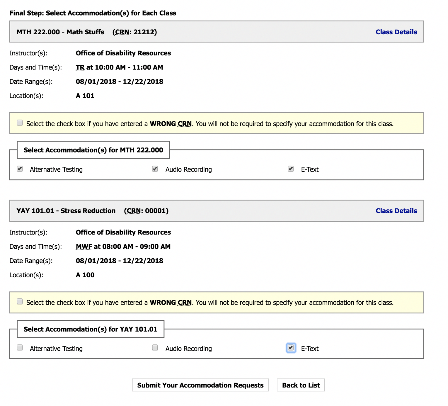 Screenshot of DR Student Portal Request Accommodations screen