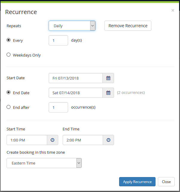 Recurrence popup