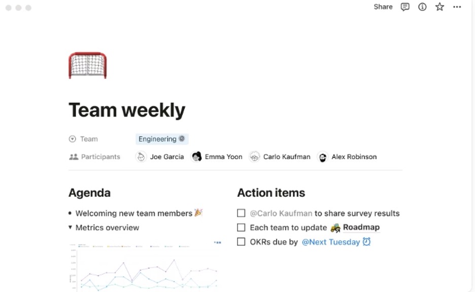 A screenshot showing an agenda and action items.
