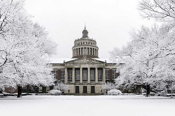 University of Rochester's Rush Rhees Library and Eastman quad are pictured in winter.