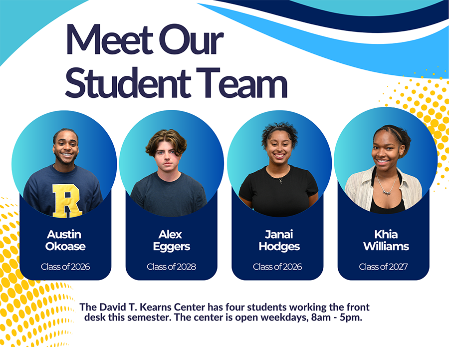A collage of four student images on a graphic sign.