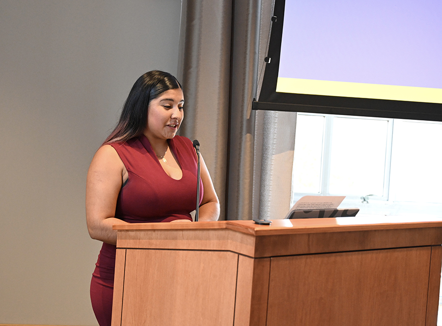 A person speaking from behind a podium.