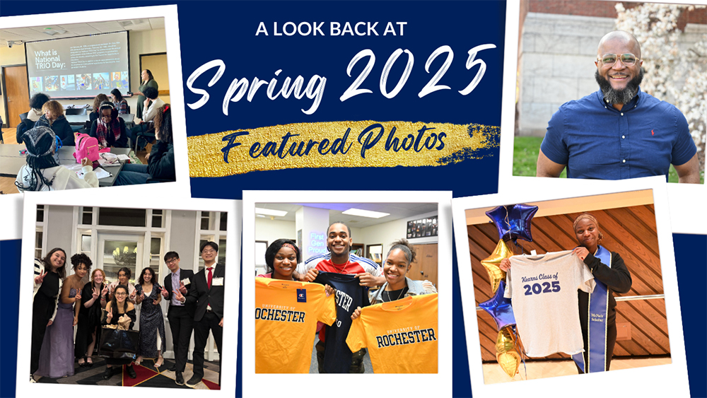A collage of five polaroid-style images of students engaging in activities with the words A Look Back at Spring 2025 Featured Photos.