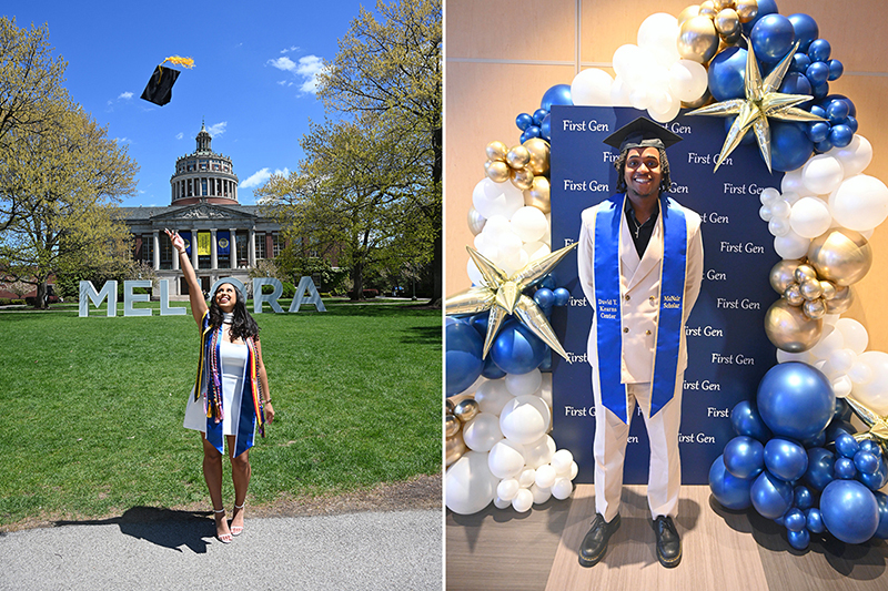 A collage of two images, each has a single person posing for a photo.