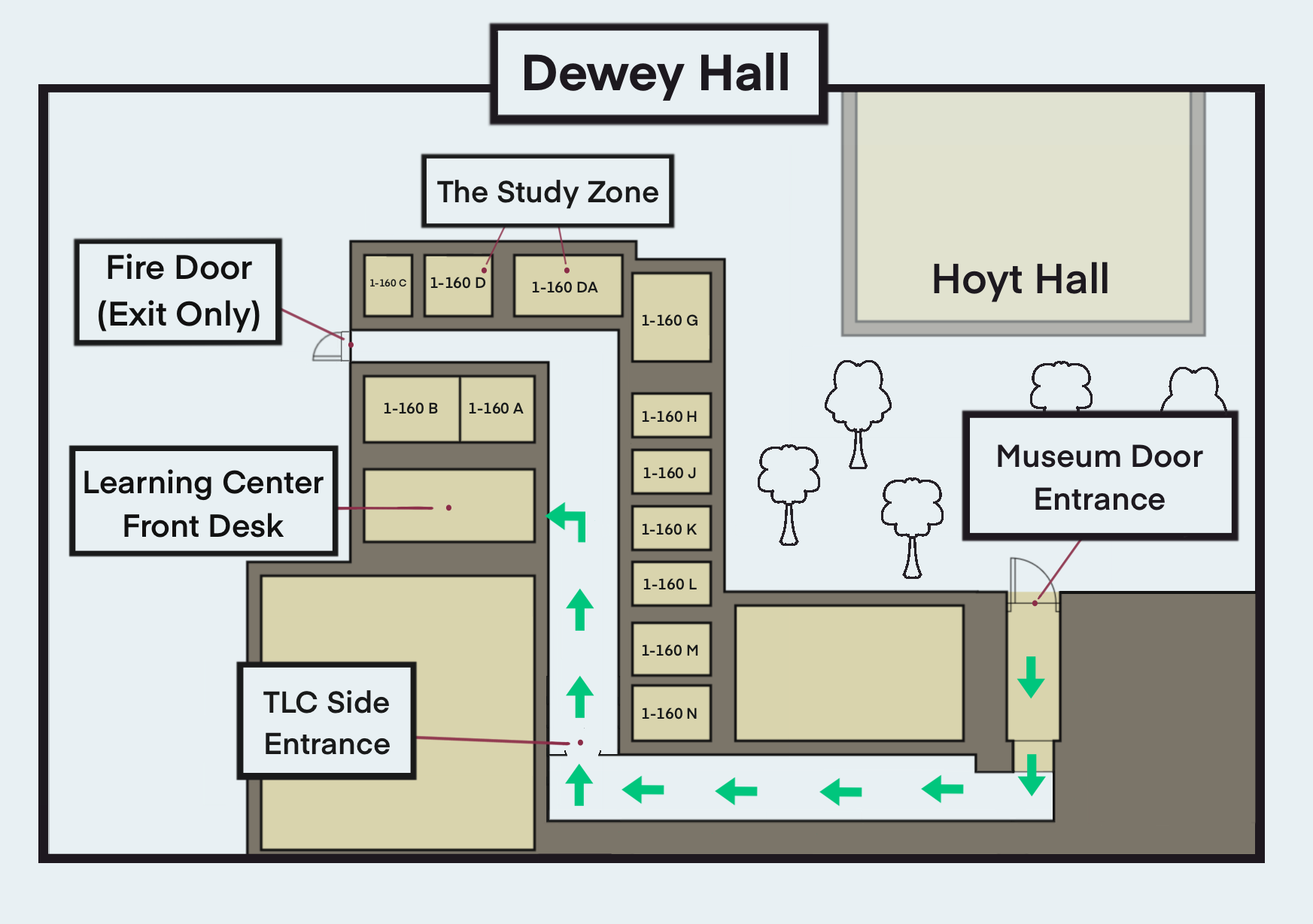 A graphic illustration of Dewey Hall showing how to access the Learning Center during construction.