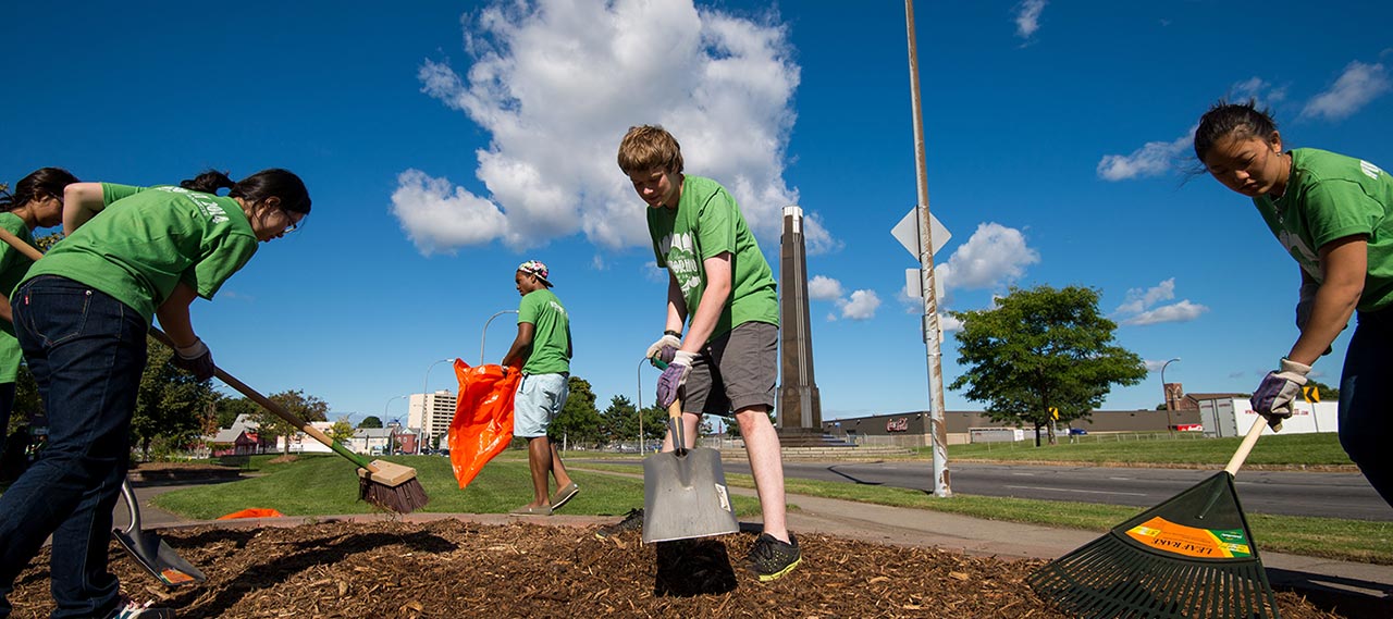Students working in the community.