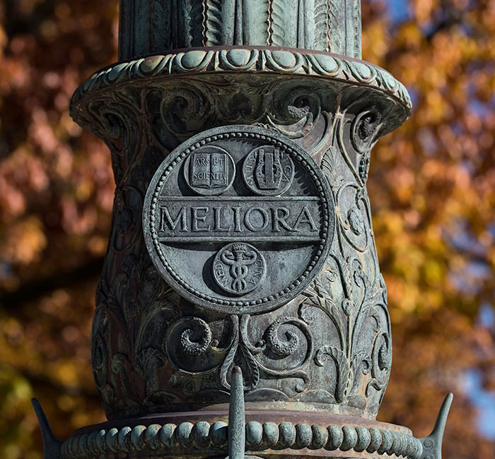A close up of a meliora flagpole with the tower of Rush Rhees in the background.