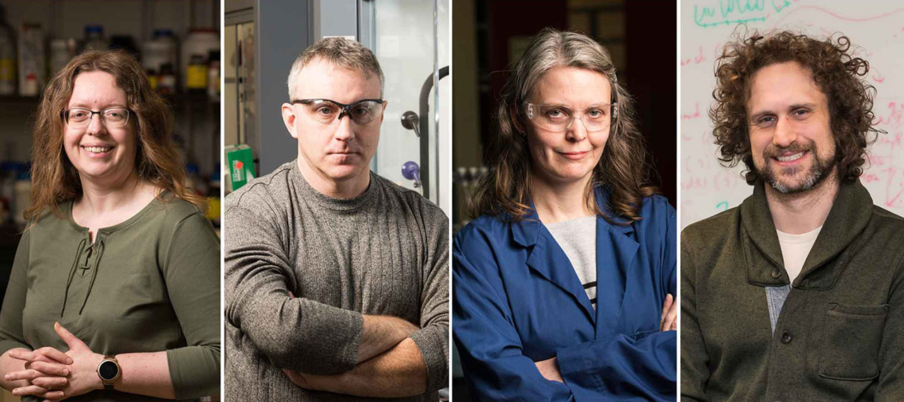 Four vertical environmental photos featuring Anne S. Meyer, Todd Krauss, Kara Bren, and Andrew White.