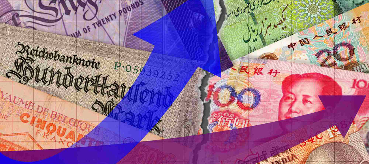 Various international currencies overlaid with blue and purple arrows that diverge illustrating revenue collection.