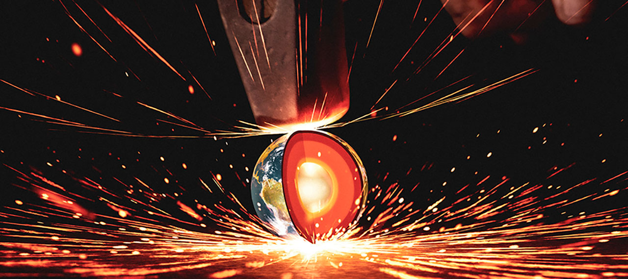 Illustration of planet being smashed by a sledgehammer resulting in sparks surrounding the planet.