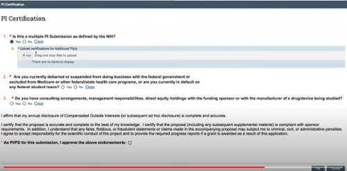 Screen shot of PI Certification page in IORA.