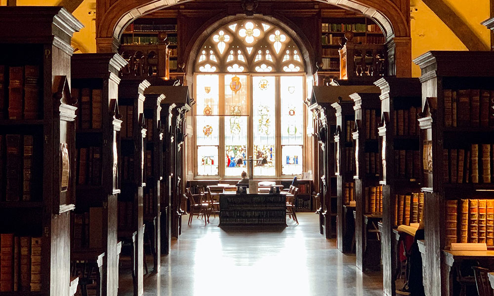 Inside Duke Humfrey's Library, the oldest reading room in the Bodleian Library at the University of Oxford. 