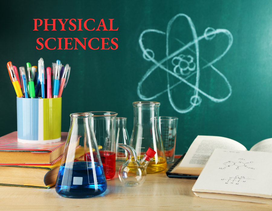A desk container tools used in physical science such as beakers and books.