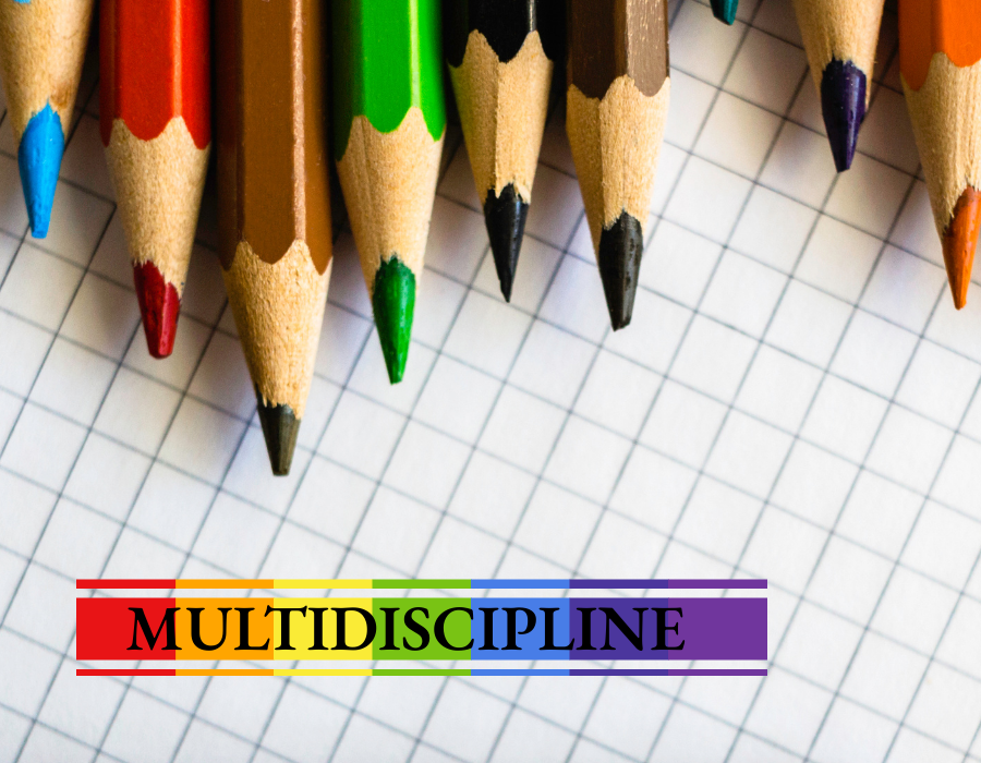 The points of colored pencils aligned in a row on graph paper with the word Multidisciplinary in rainbow tones.