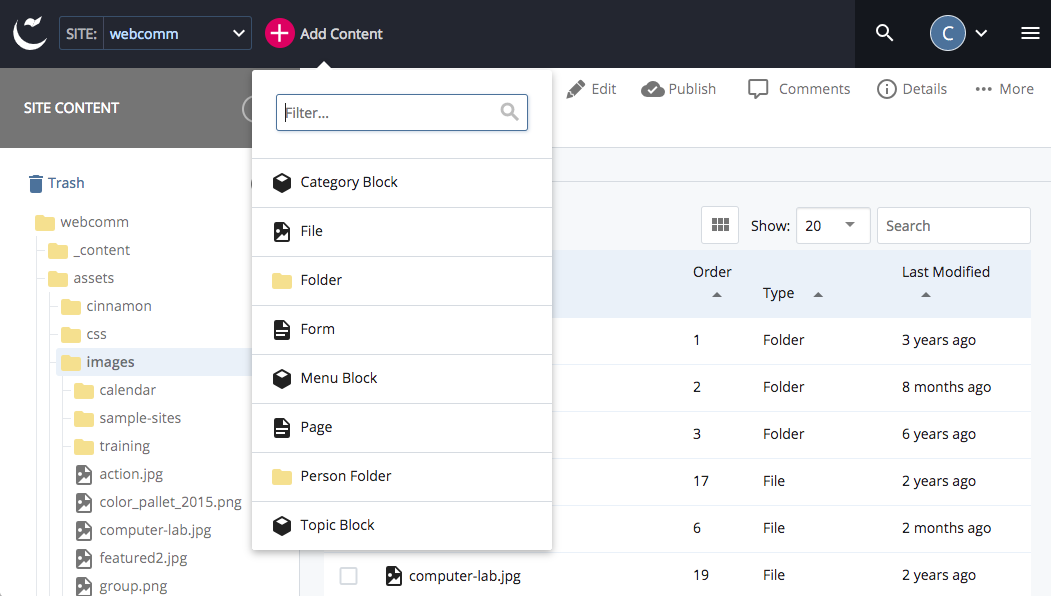 selecting add content