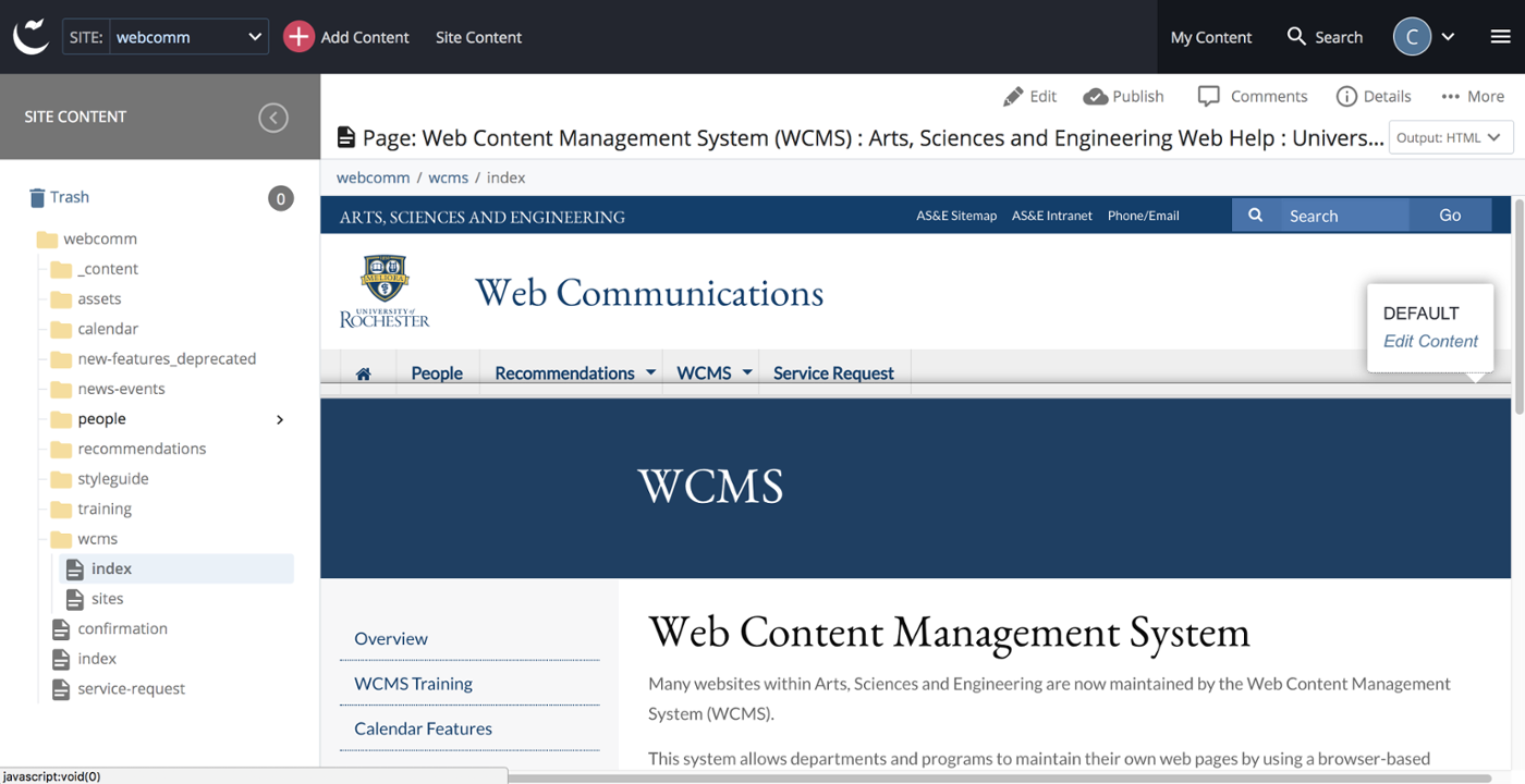 page selected in the wcms