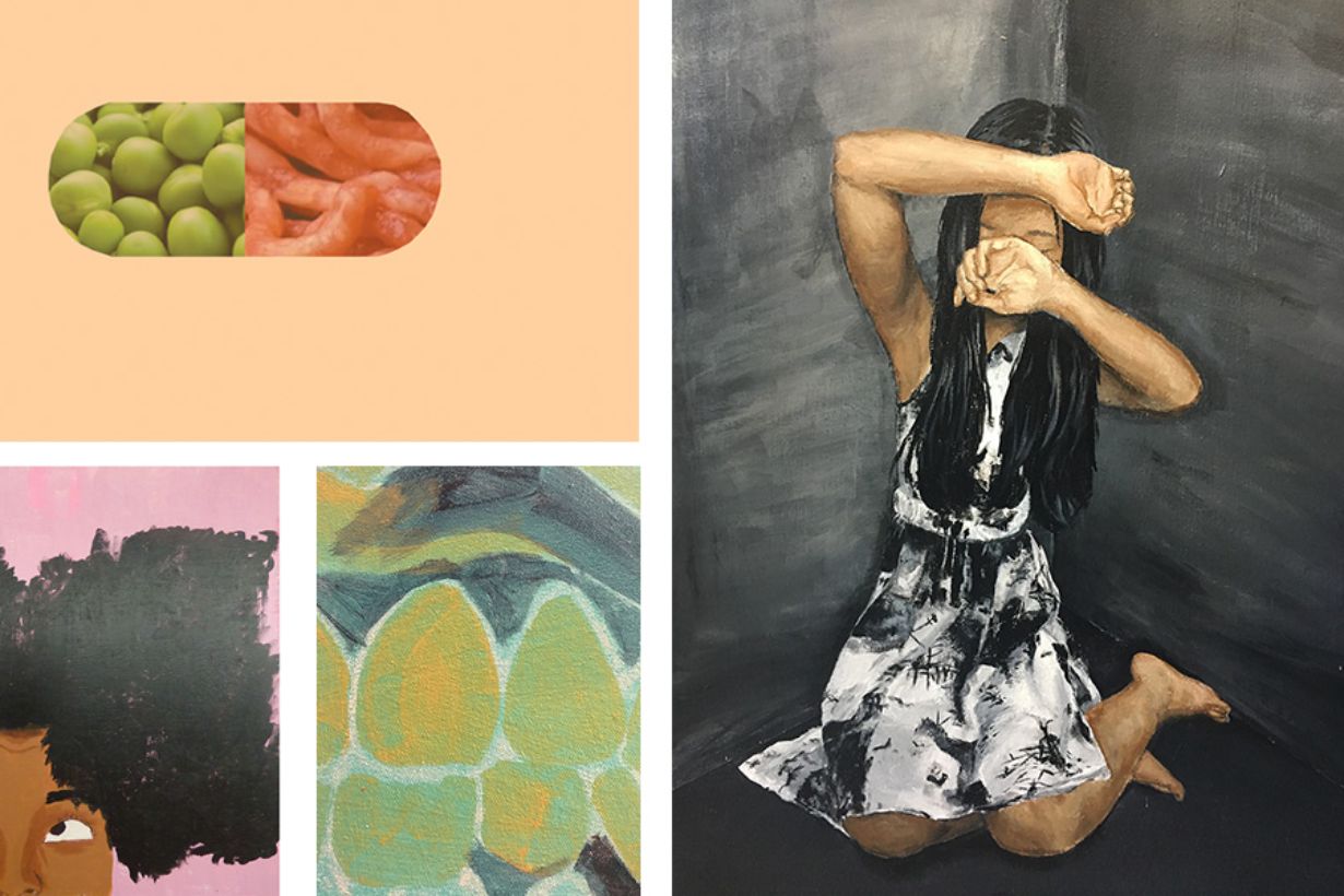 Collage featuring details from four different student paintings.