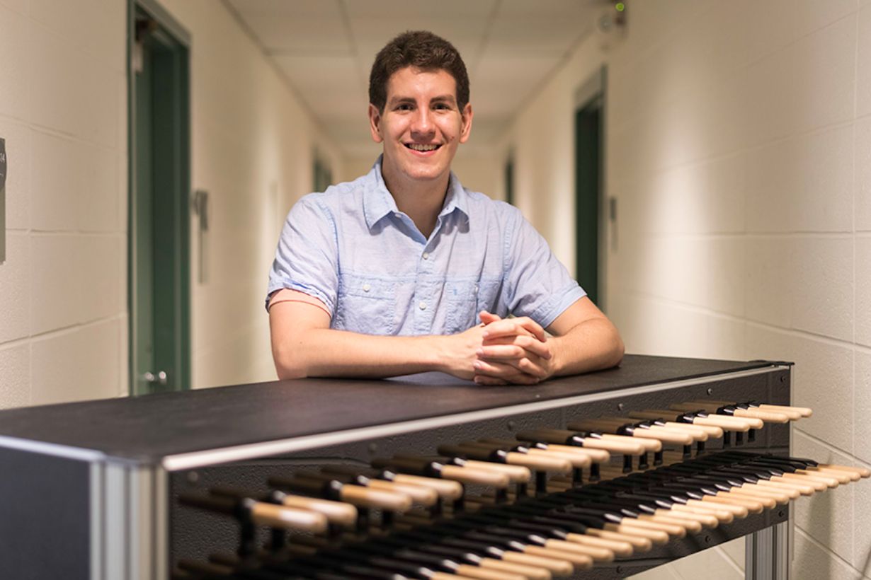 Alex Johnson with a carillon keyboard.