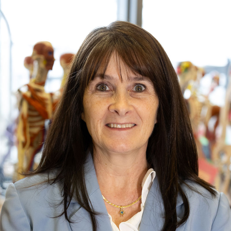 Laura Kowalski, a biology teacher, stands in front of anatomy models, wearing a blue jacket at Parkland High School.