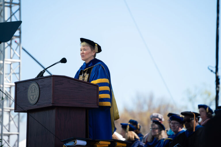 University of Rochester President Sarah C. Mangelsdorf delivers presidential remarks during commencement. // University of Rochester's Commencement ceremony — marking the conferral of academic degrees for all undergraduate and graduate students — takes place at Fauver Stadium at the Brian F. Prince Athletic Complex May 15, 2026.