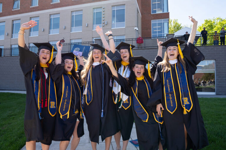 A wide crowd fills Fauver Stadium following the University of Rochester Commencement ceremony.