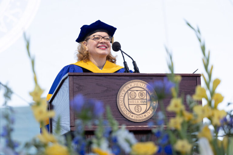University of Rochester speaker delivers remarks from the Commencement Weekend podium.