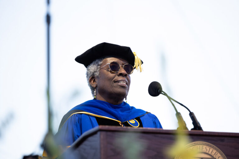 University of Rochester speaker delivers remarks from the Commencement Weekend podium.