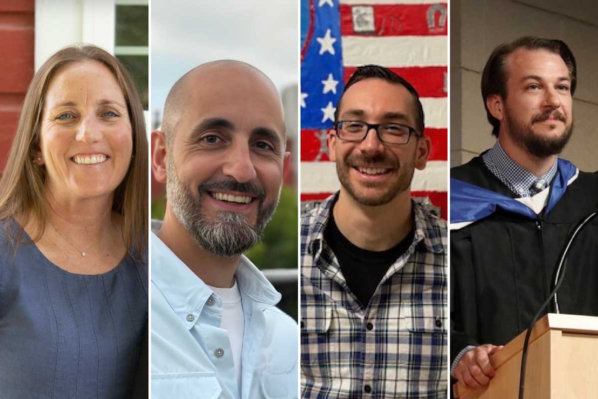 Four smiling individuals, one holding a graduation cap, celebrate a graduation milestone together.
