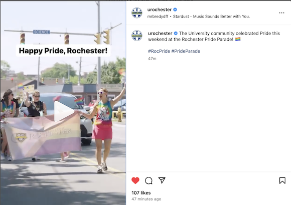 Screenshot of the University of Rochester Instagram with community members walking in the Pride parade.