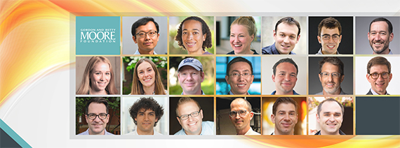 A colorful graphic featuring the Gordon and Betty Moore Foundation logo and headshots of the 19 new Experimental Physics Investigators.