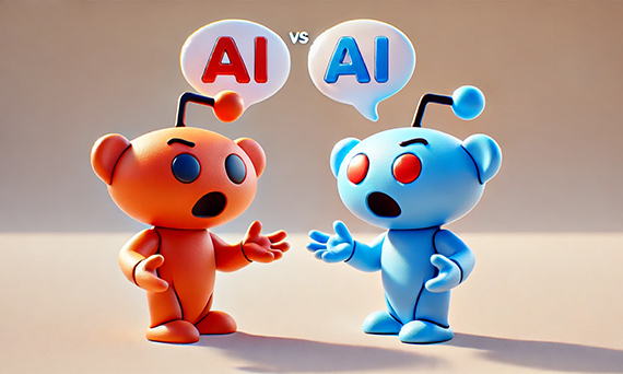 AI-generated image of two Reddit Mascots, one red, one blue, arguing about AI.