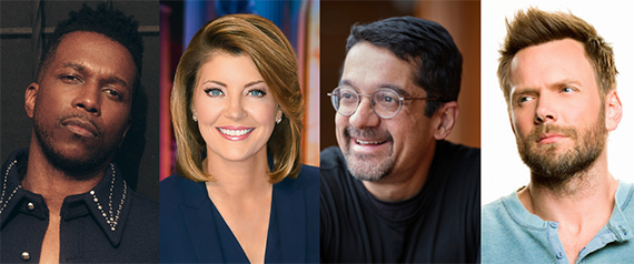Headshots, from left to right, of Leslie Odom Jr., Norah O'Donnell, Shankar Vedantam, and Joel McHale.