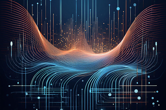 A blue and red series of lines and dots form an abstract representation of data flowing.