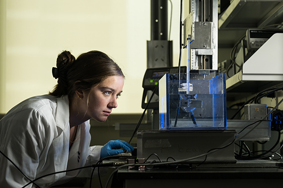 A researcher in a white lab coat looks into a clear box filled with blue light.