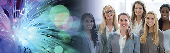 A graphic featuring a cool-colored closeup of optical fibers on the left with a group of six women in business attire on the right.
