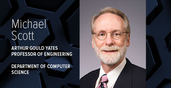 A dark blue graphic with 3D hexagons, a headshot of Michael Scott, and text that says "Michael Scott, Aurthur Gould Yates Professor of Engineering, Department of Computer Science."