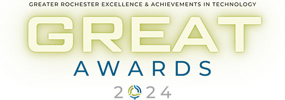 A logo with a white background and blue and grean letters that says "Greater Rochester Excellence & Achievements in Technology GREAT Awards 2024."