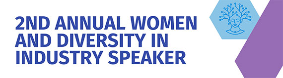 Blue, purple, and white graphic with geometric shapes that says, "2nd annual women and diversity in industry speaker."