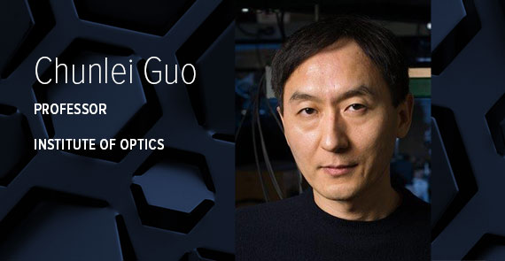 Dark blue hexagonal graphic with a headshot and text that reads "Chunlei Guo, Professor, Institute of Optics."