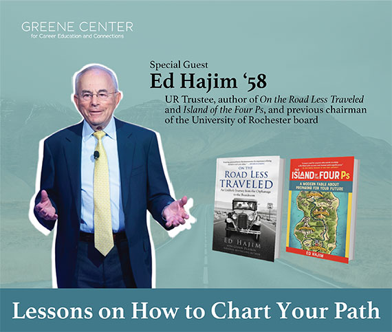 A graphic titled "Lessons on How to Chart Your Path with a cutout image of Ed Hajim and the covers of his two books.