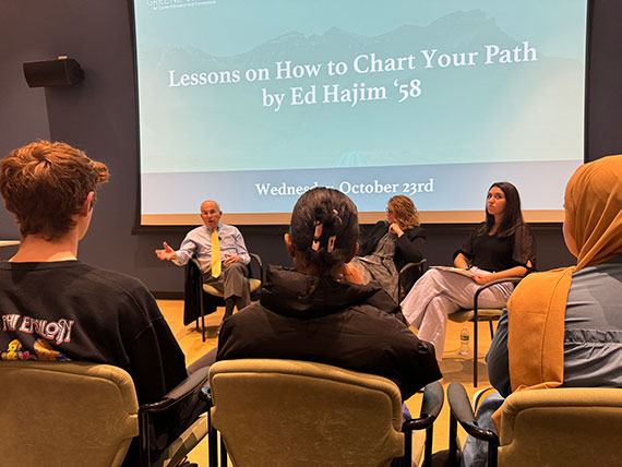 Ed Hajim answers questions during a Q&A session in the Gowen Room.