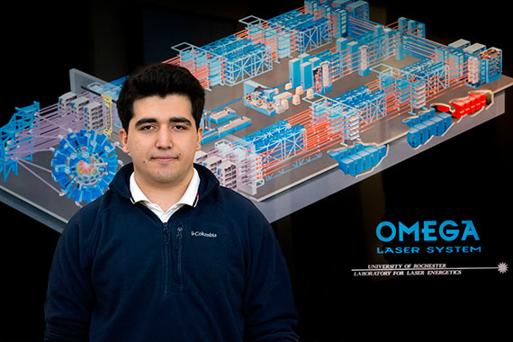 A headshot of Kaan Aytekin in front of a diagram of the OMEGA facility.